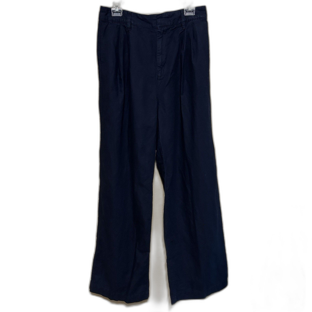 Gap High Rise Linen Cotton Pleated Wide Leg Pants Womens Size 10T Tall Navy Blue